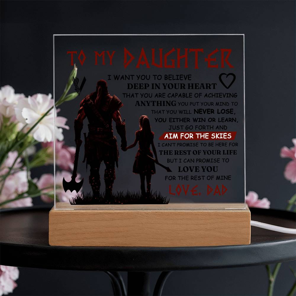 Acrylic plaque for daughter with heartfelt message and figures, displayed on wooden base.