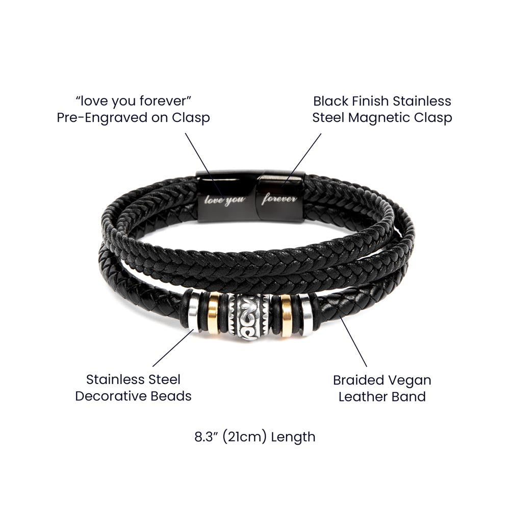 mens love you forever bracelet featuring braided vegan leather band and stainless steel magnetic clasp