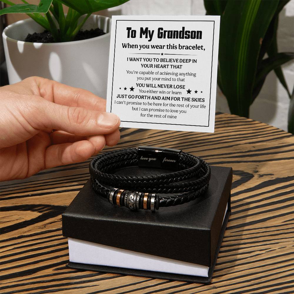 Mens love you forever bracelet presented in a gift box with a heartfelt message for grandson.