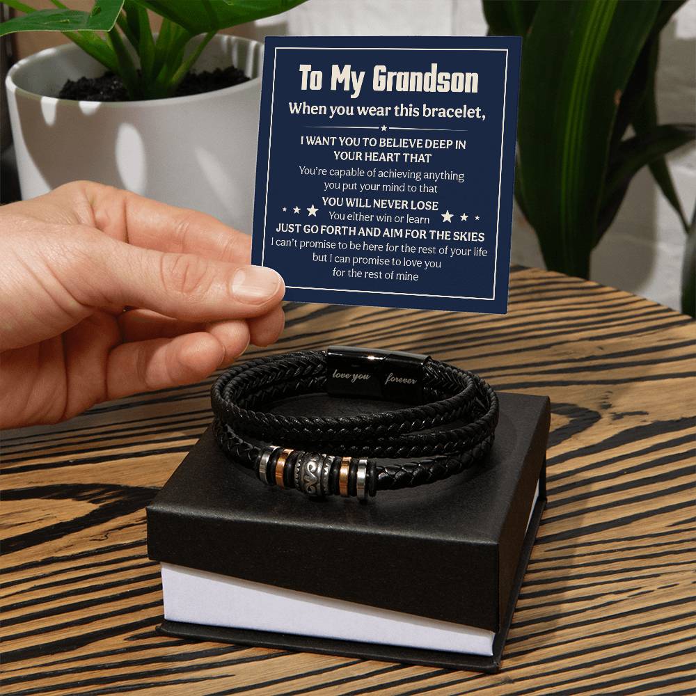 love you forever bracelet for grandson displayed with heartfelt message and gift box on wooden surface.