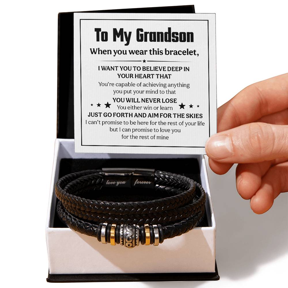 Mens love you forever bracelet in a gift box with heartfelt message for grandson.