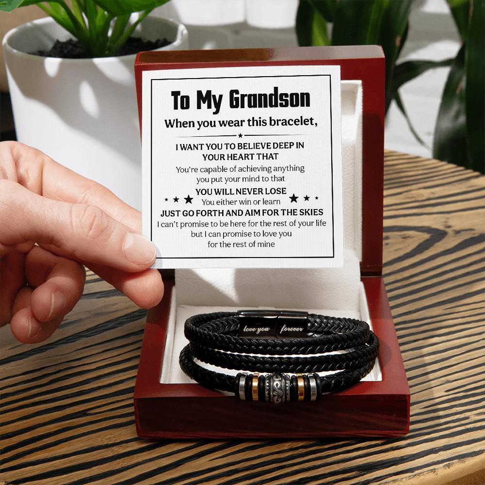 To My Grandson message card with men's love you forever bracelet in a gift box, perfect for meaningful gifting.