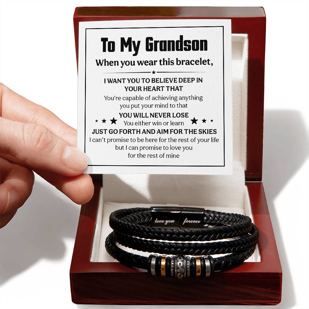 To My Grandson bracelet gift with heartfelt message in gift box, perfect for special occasions - men's love you forever bracelet