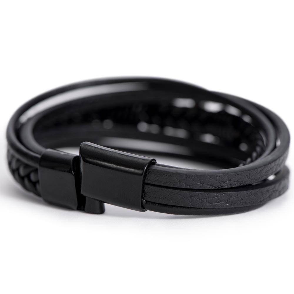 Men's black leather cross bracelet graduation gift with braided design and magnetic clasp.