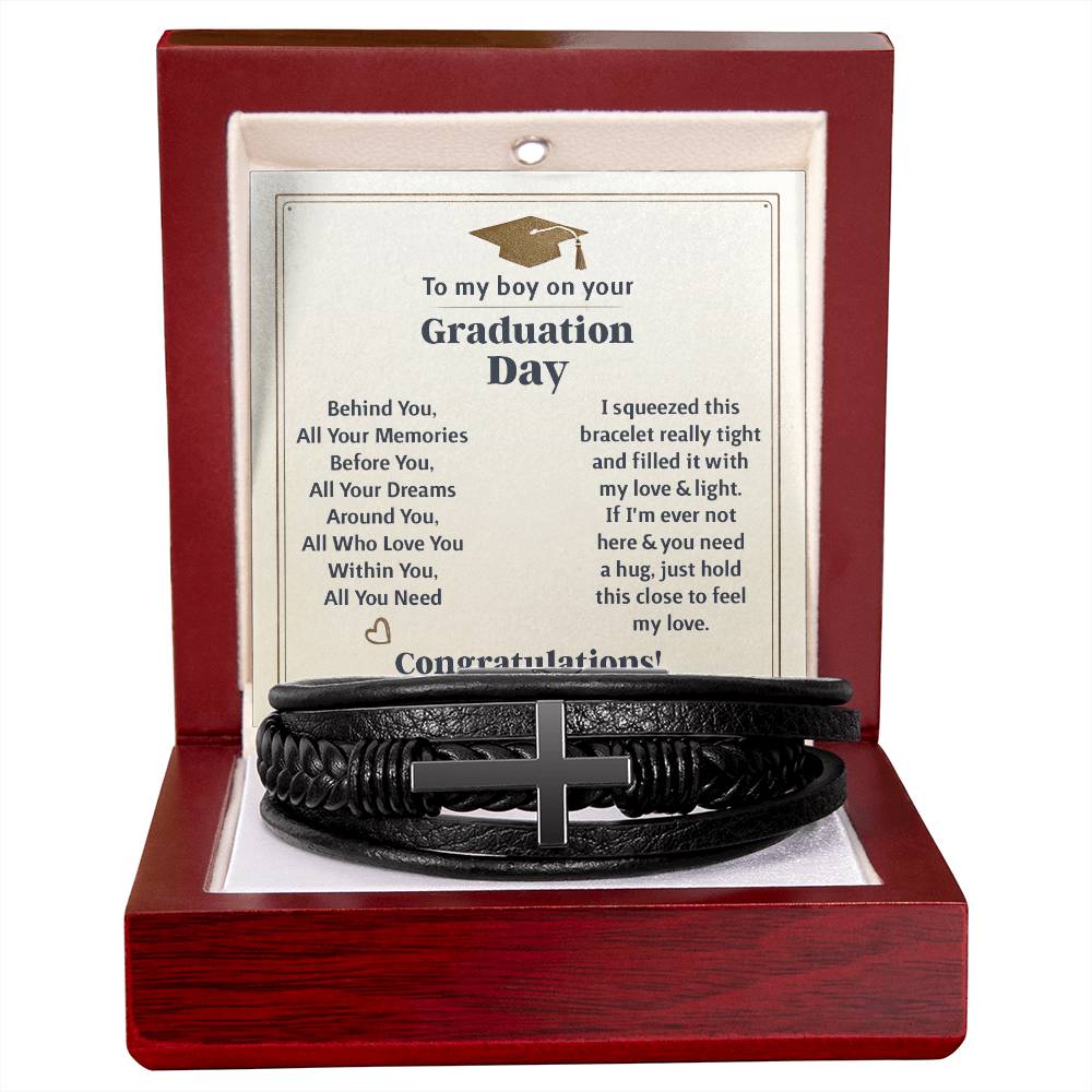 Men's cross bracelet graduation gift in a wooden box with heartfelt graduation message.