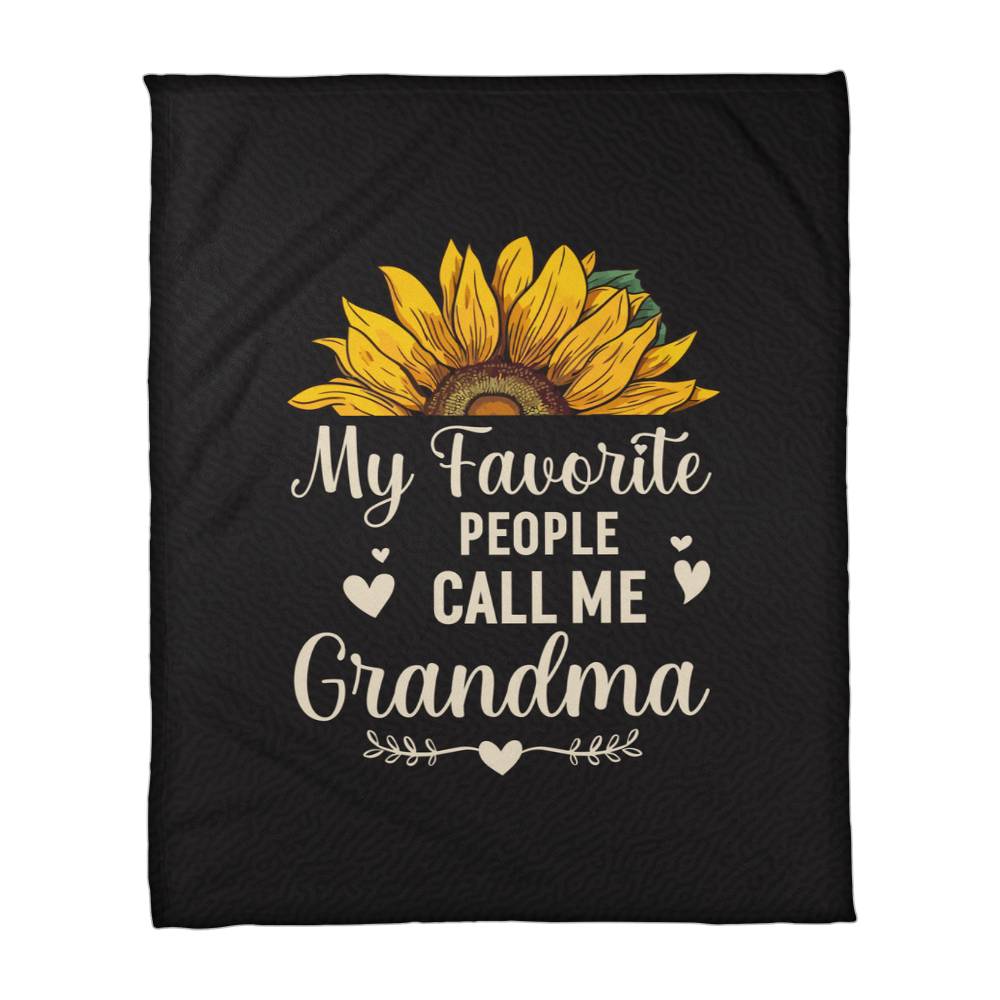 My Favorite People Call Me Grandma coral fleece blanket for grandma featuring sunflower design on black background.