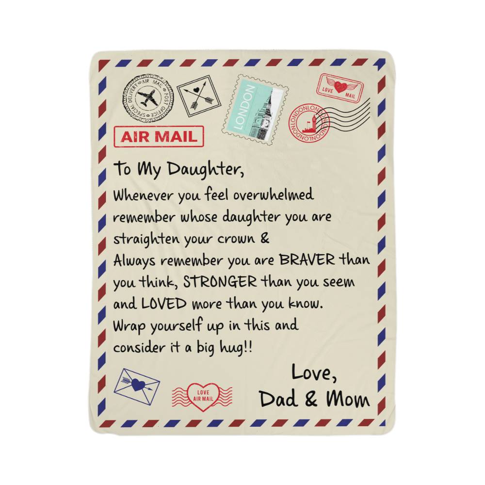 To My Daughter wall art note on a Sherpa fleece blanket for daughter, featuring encouragement and love from Dad and Mom.