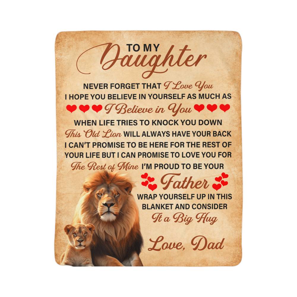 Sherpa Fleece Blanket Gift for Dad Lion Message with heartfelt quote for daughter and lion imagery.