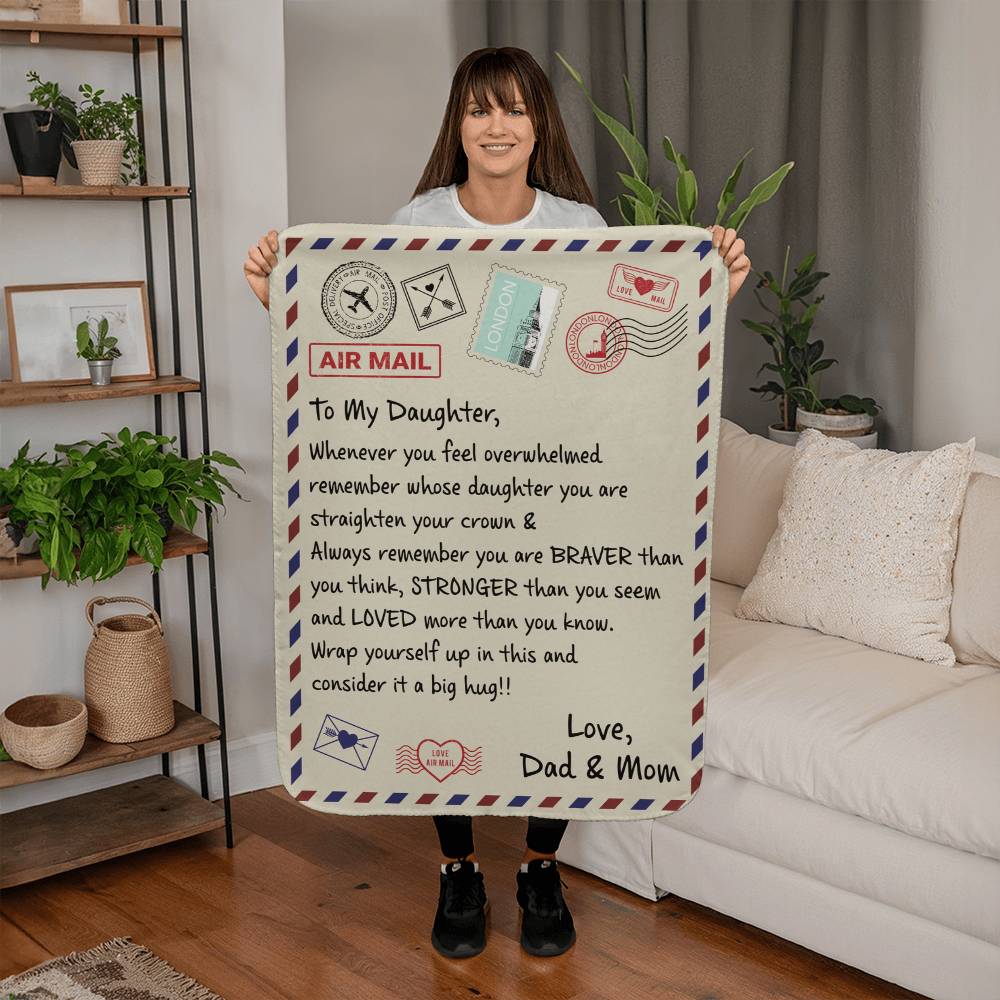Sherpa fleece blanket for daughter with heartfelt message from dad and mom, perfect for warmth and comfort.