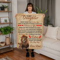 Sherpa Fleece Blanket Gift for Dad Lion Message displayed by a woman, featuring a heartfelt message for daughters.