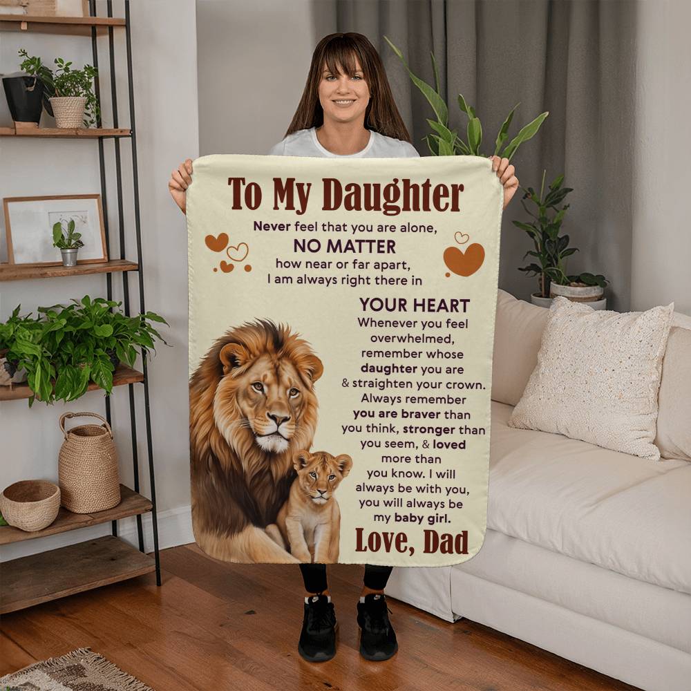 To My Daughter Sherpa fleece blanket for daughter featuring a lion design with heartfelt message of love.