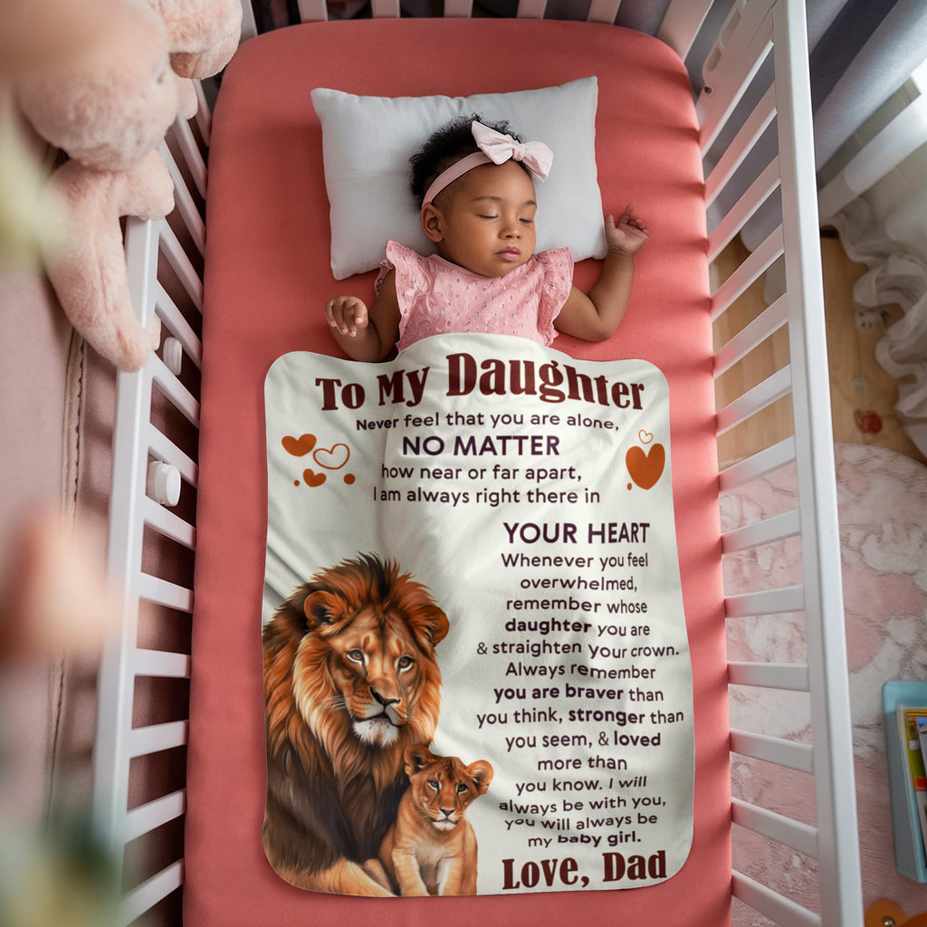 To My Daughter Never Feel Alone sherpa fleece blanket for daughter with lion design and heartfelt message