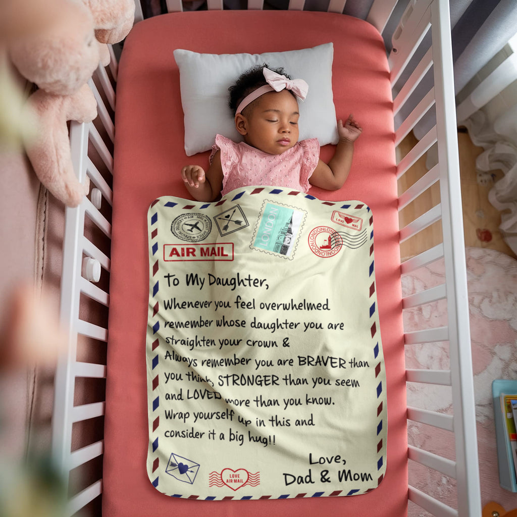 Sherpa fleece blanket for daughter featuring heartfelt message from parents in a cozy nursery setting.