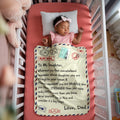 Baby girl sleeping with an inspirational blanket that says To My Daughter, showcasing a sherpa fleece blanket for daughter.