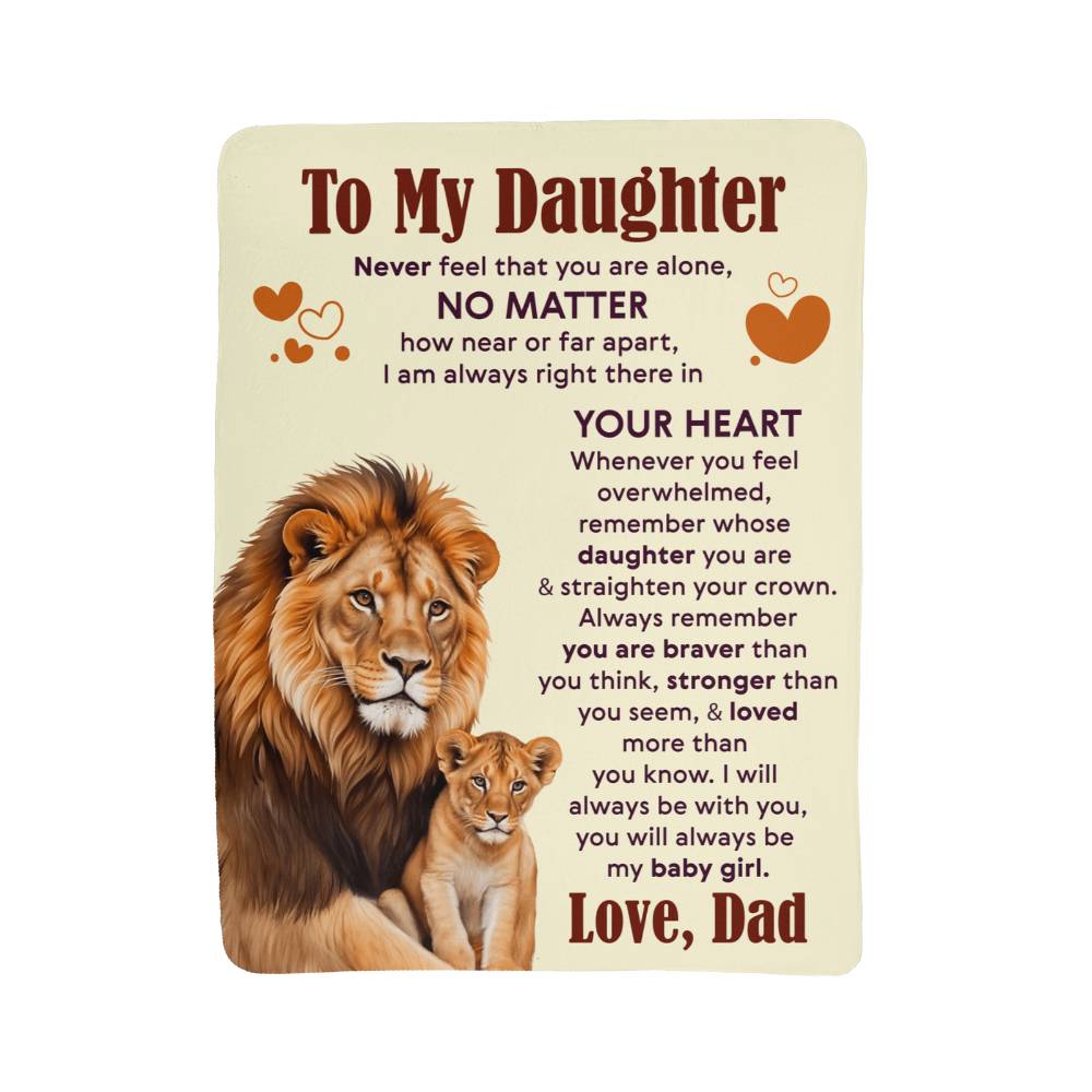 Sherpa fleece blanket for daughter with lion and cub illustration and heartwarming message from Dad.