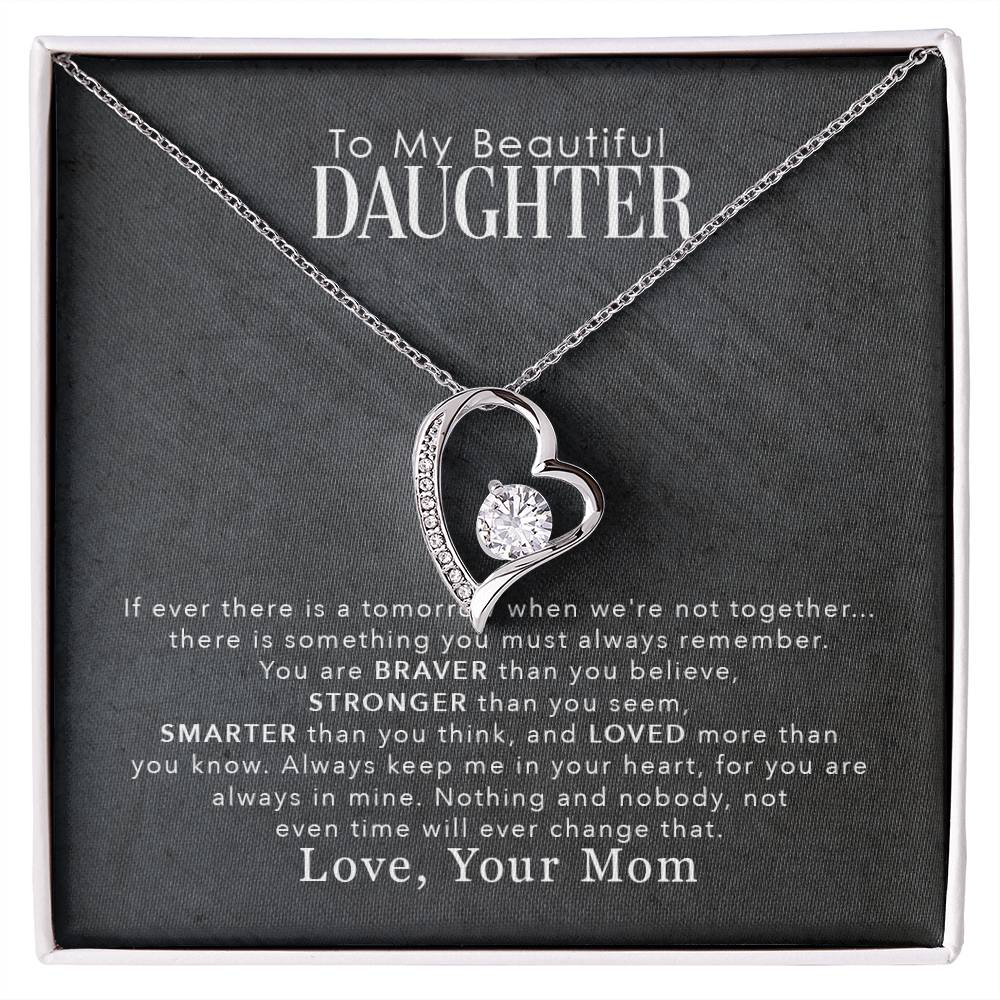 To My Beautiful Daughter - Forever Love Necklace displayed in a gift box with heartfelt message.