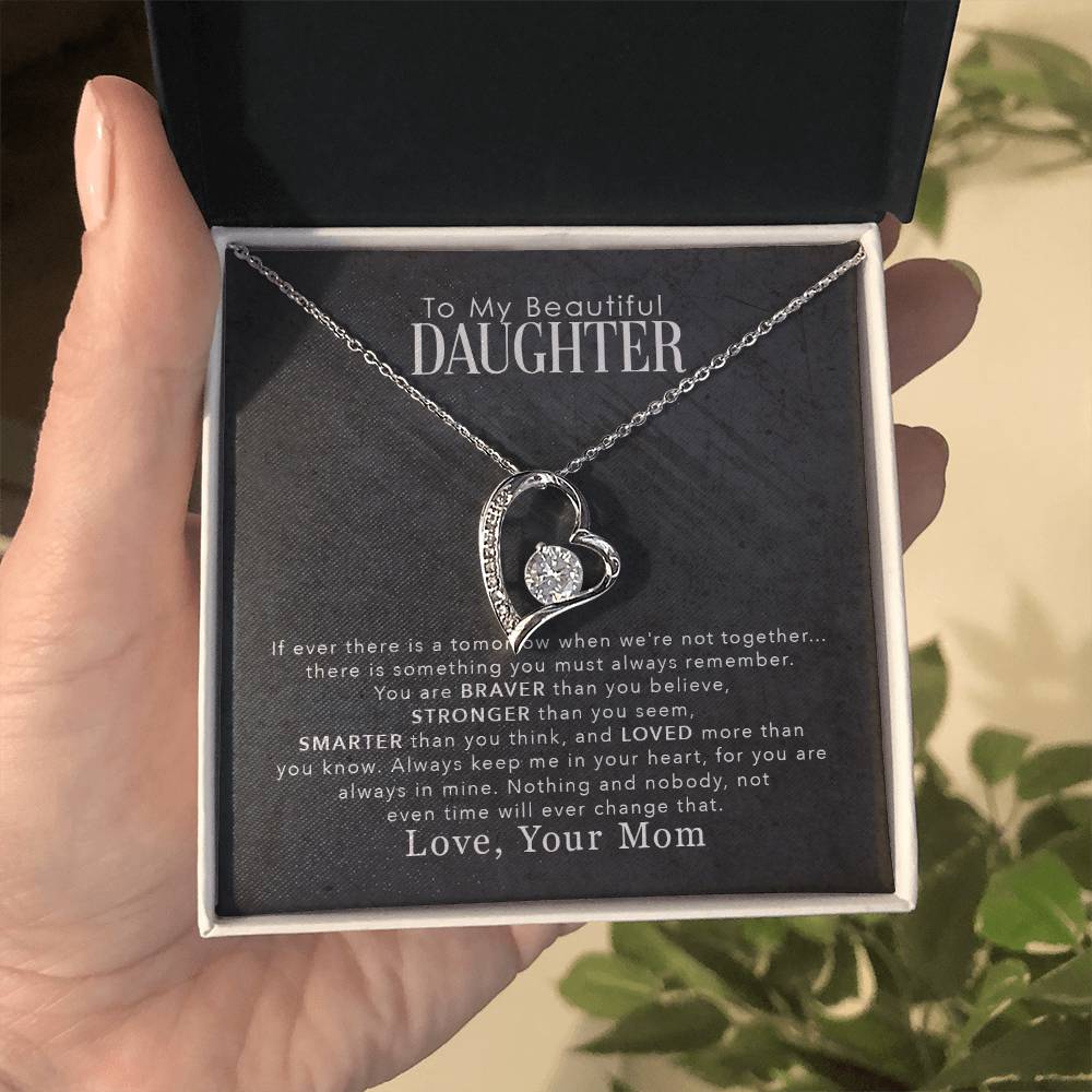 My Beautiful Daughter - Forever Love Necklace presented in a gift box, highlighting the heart-shaped design.