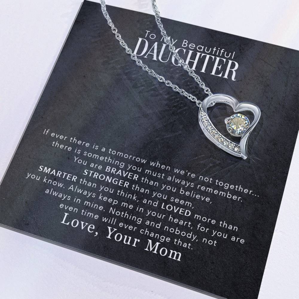 Forever Love Necklace displayed on a heartfelt message card for daughter, emphasizing love and connection.