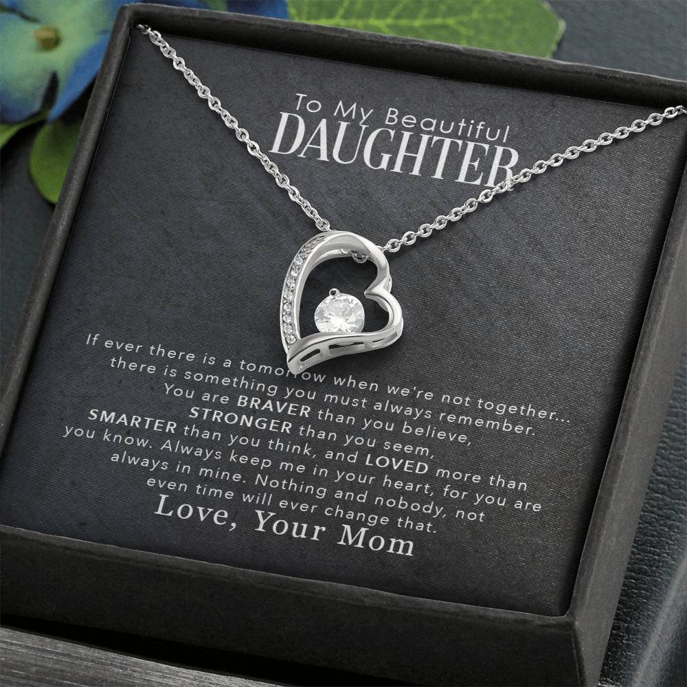 Forever Love Necklace displayed in a gift box with heartfelt message for daughter.