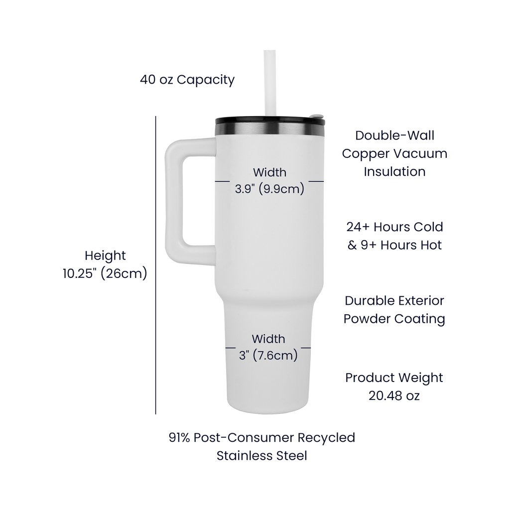 40oz stainless steel tumbler specification with measurements and features for hydration.
