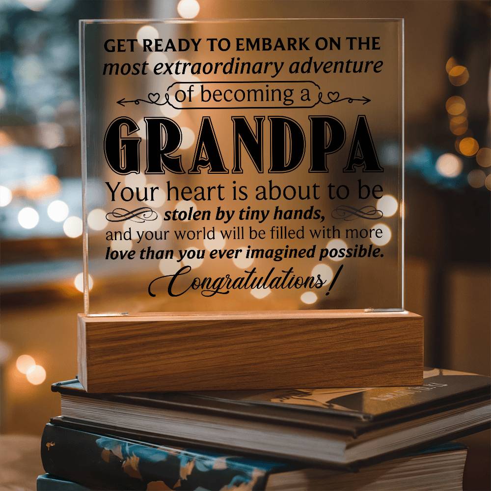 acrylic square plaque with heartfelt grandpa message on wooden base, illuminated by soft LED lights.