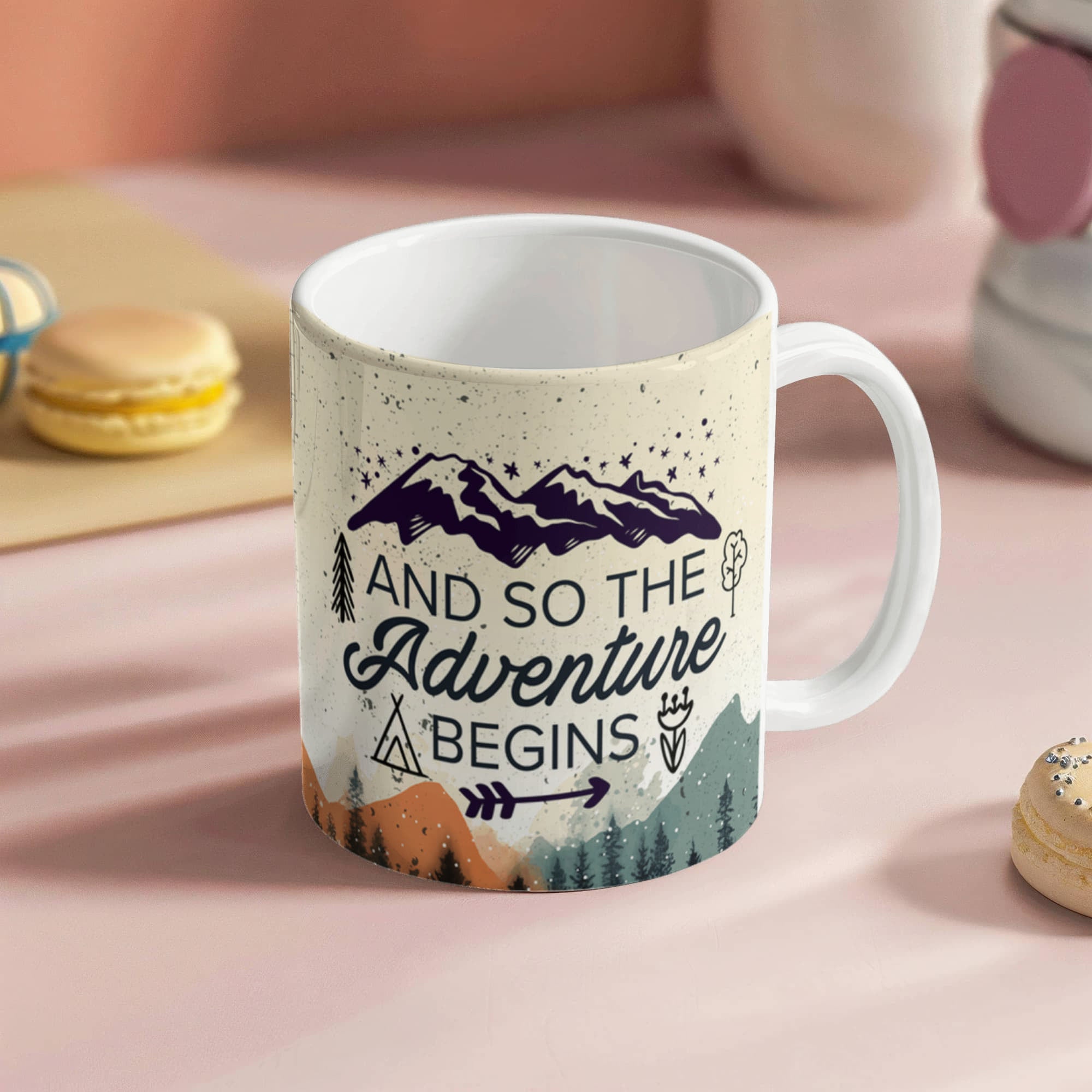 custom ceramic coffee mug featuring adventurous mountain design and whimsical typography.