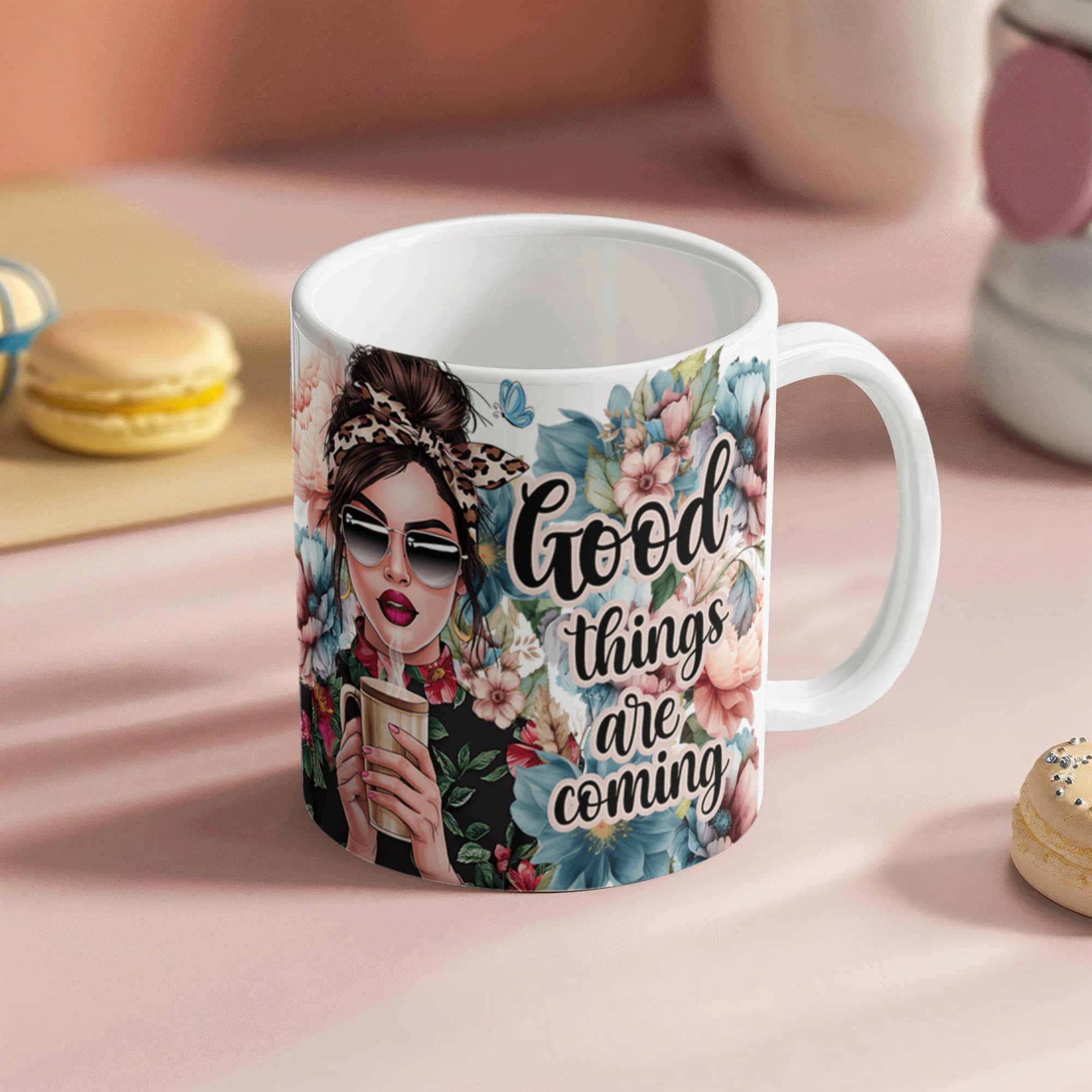Good Things Are Coming Motivational Ceramic Coffee Mug Gift featuring a stylish design and floral decorations.