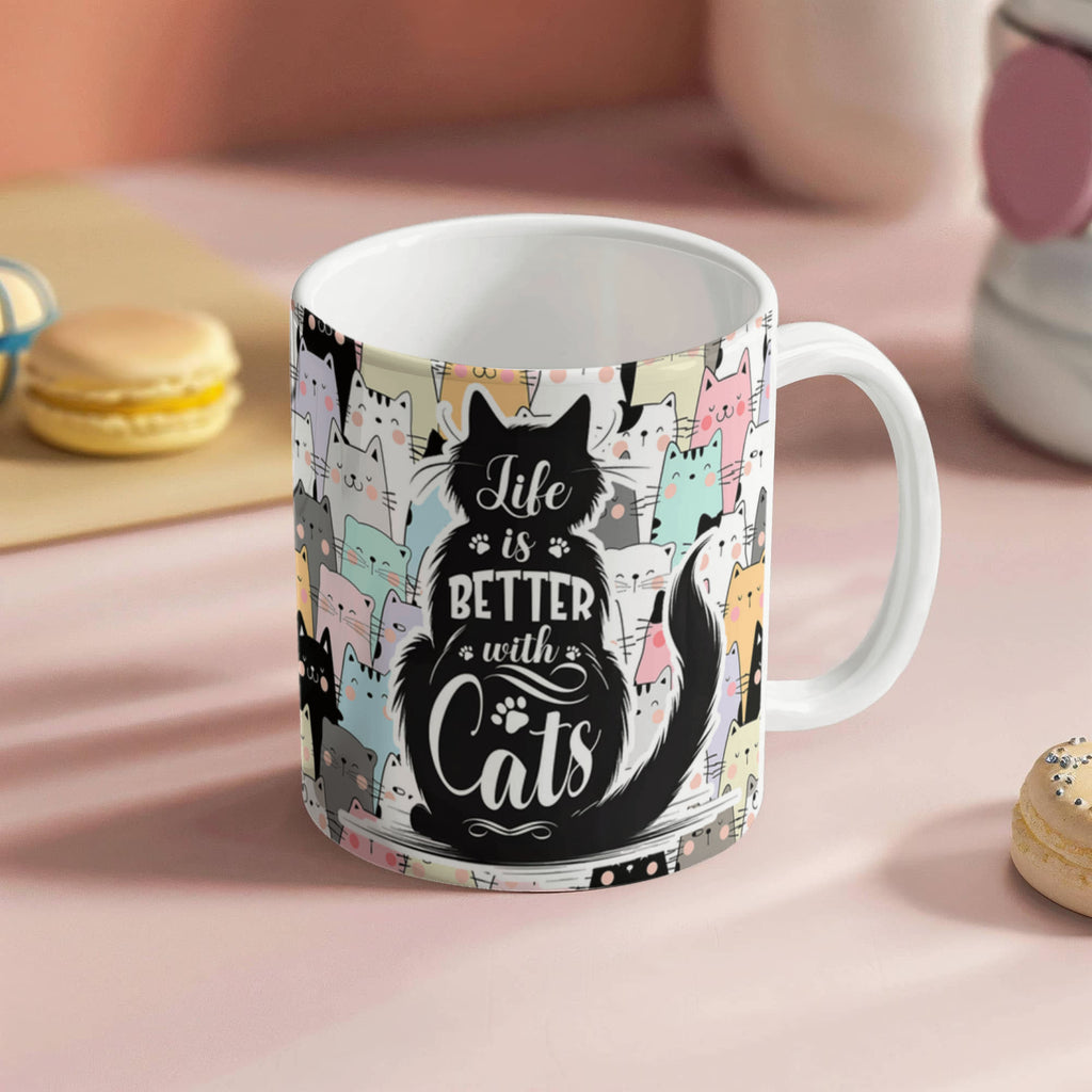 life is better with cats mug featuring colorful cat illustrations and a playful design