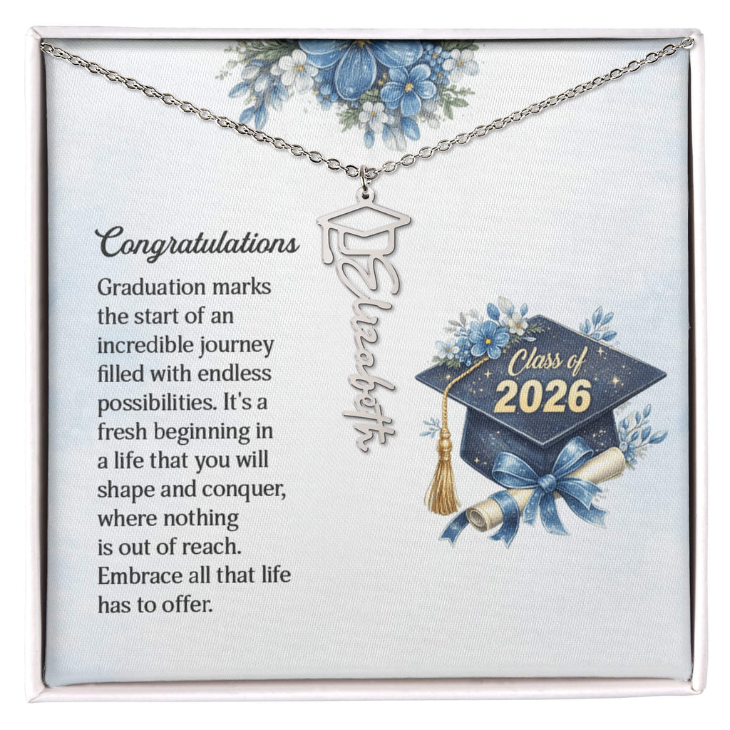 Personalized Graduation 2026 Name Necklace Gift for Her Him displayed in a gift box with graduation theme.