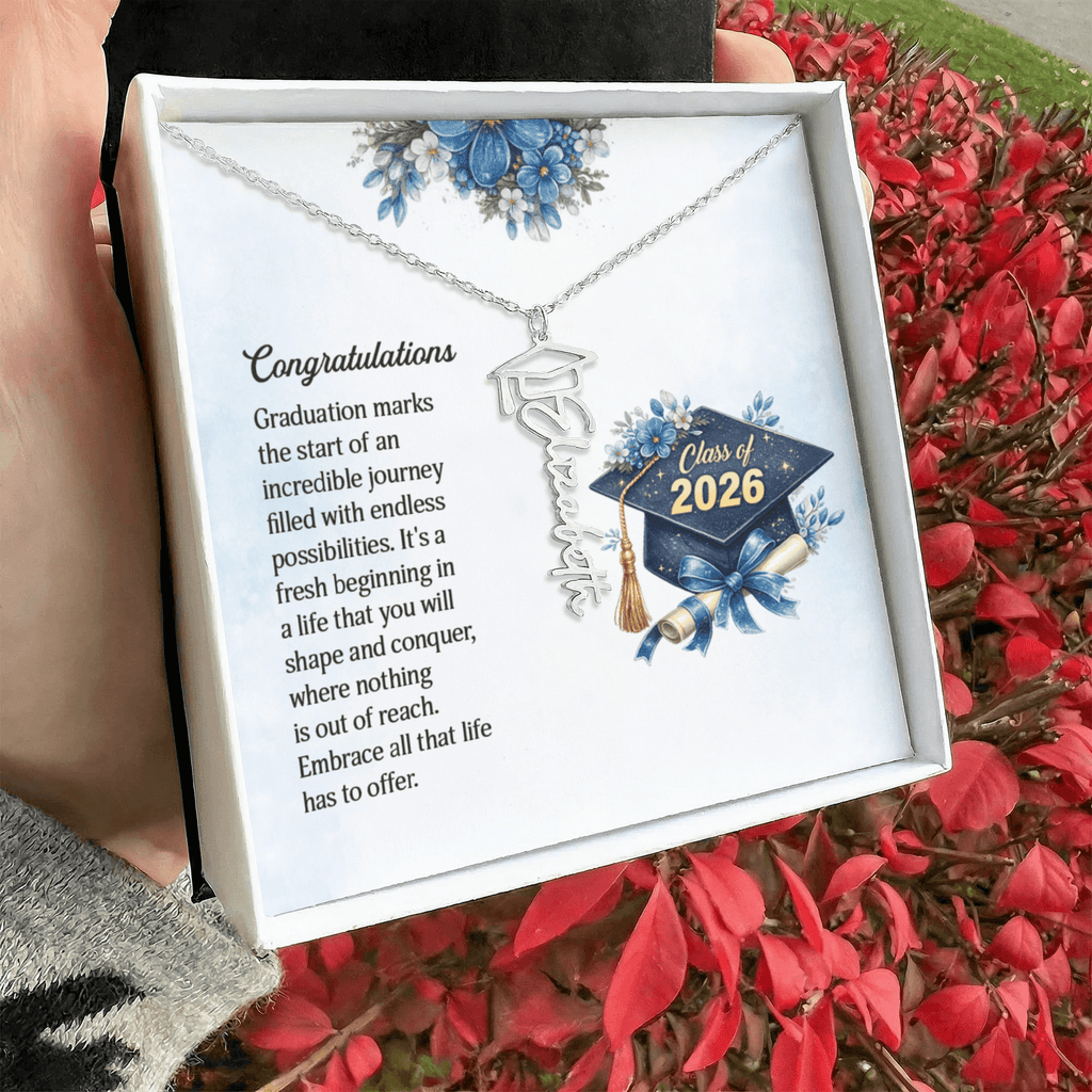 Personalized Graduation 2026 Name Necklace Gift for Her Him displayed in elegant packaging with congratulatory message.