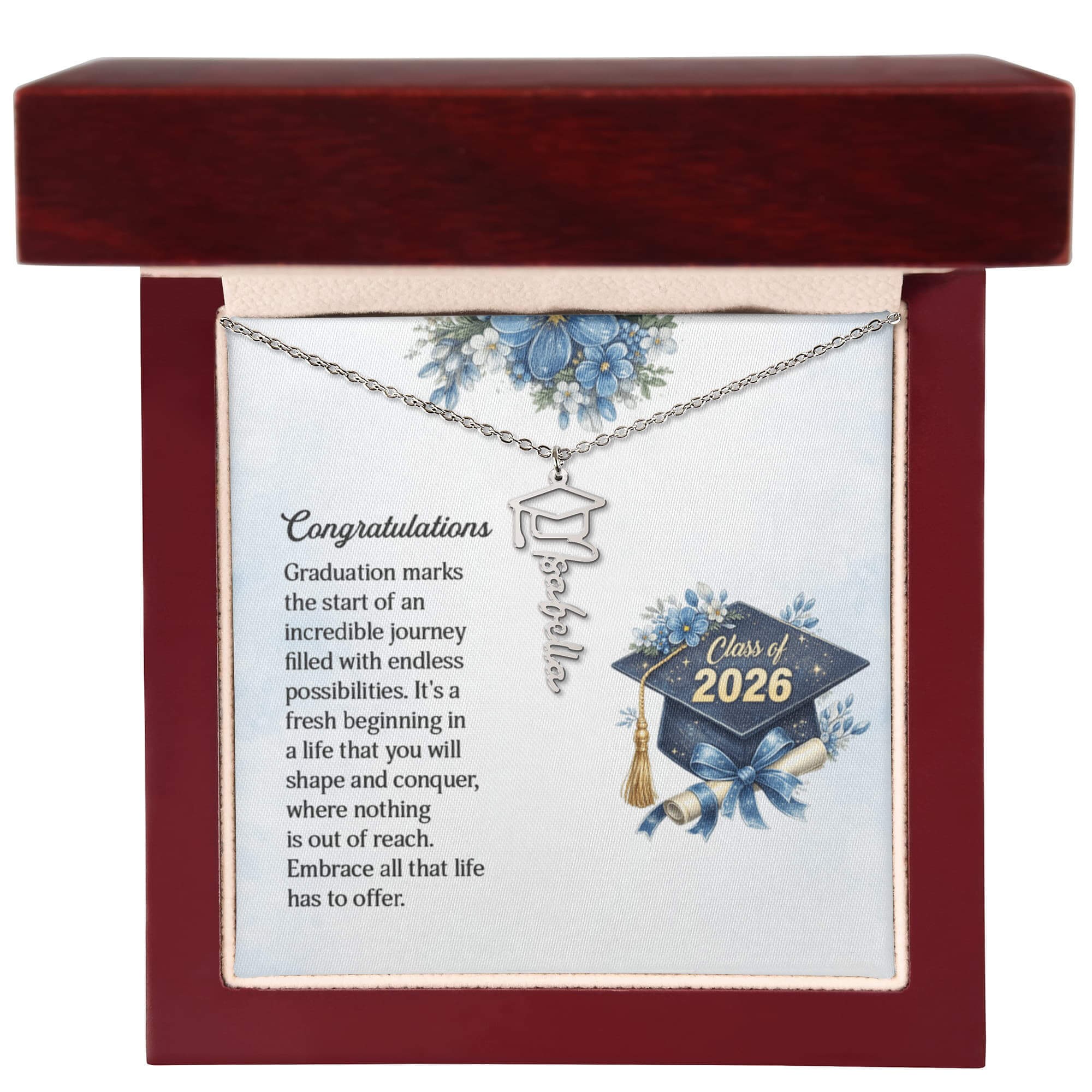 Personalized Graduation 2026 Name Necklace Gift for Her Him in a decorative box with congratulatory message.