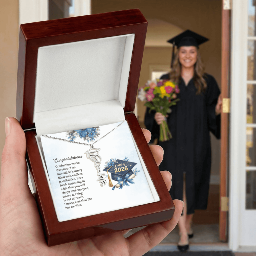 Personalized Graduation 2026 Name Necklace Gift for Her Him in a gift box with a proud graduate holding flowers.