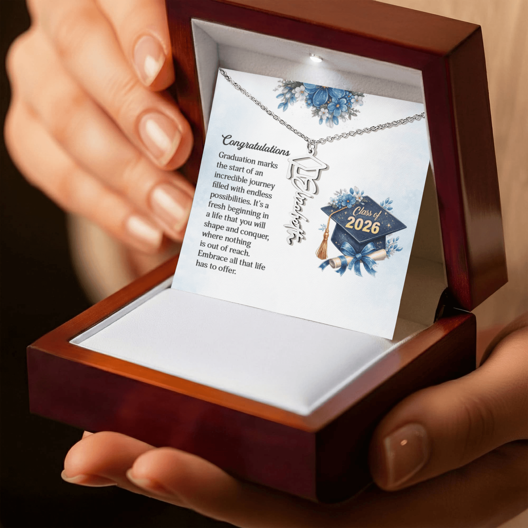 Personalized Graduation 2026 Name Necklace Gift for Her Him displayed in a wooden jewelry box.