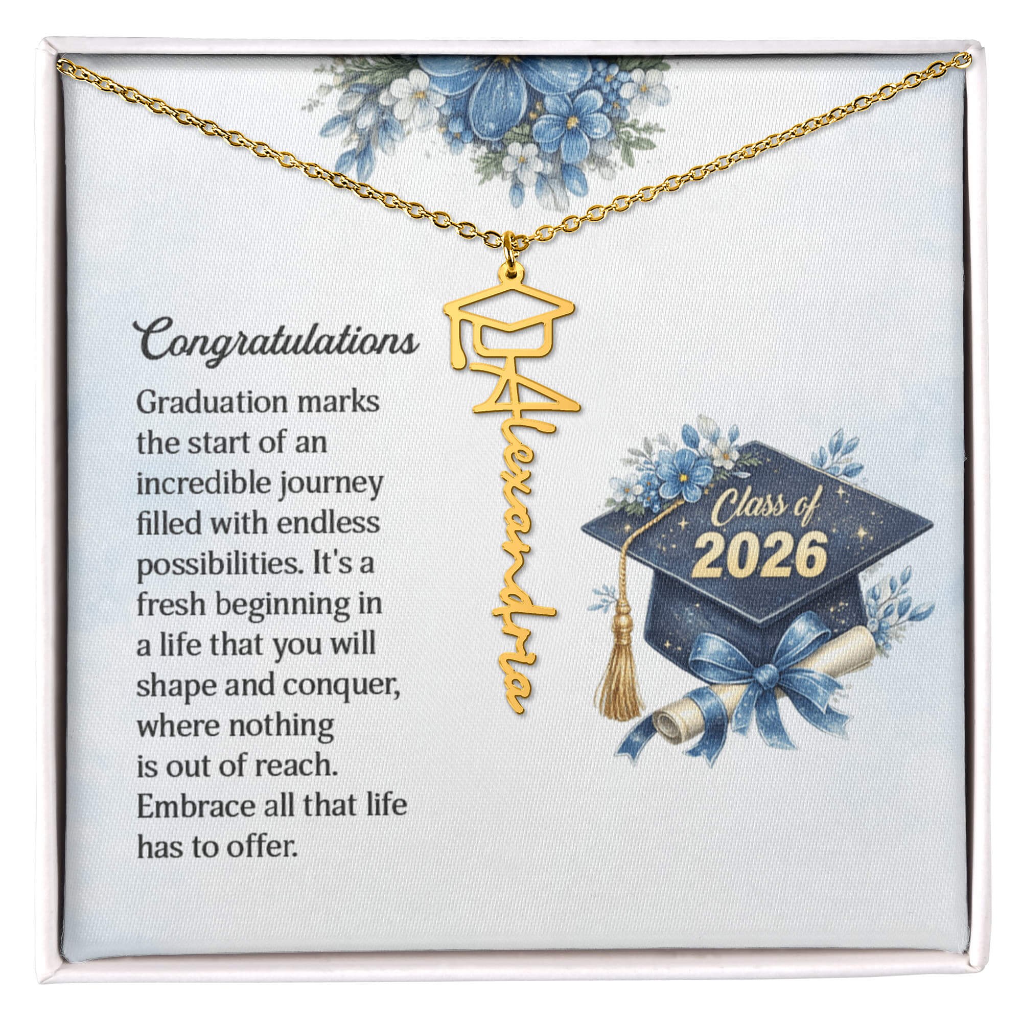 Personalized Graduation 2026 Name Necklace Gift for Her Him in a gift box with graduation cap and flowers.