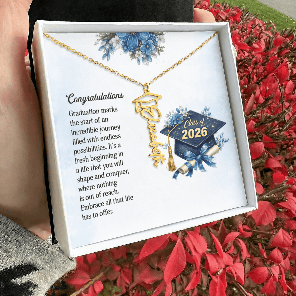 Personalized Graduation 2026 Name Necklace Gift for Her Him displayed in a gift box with flowers and a graduation cap.