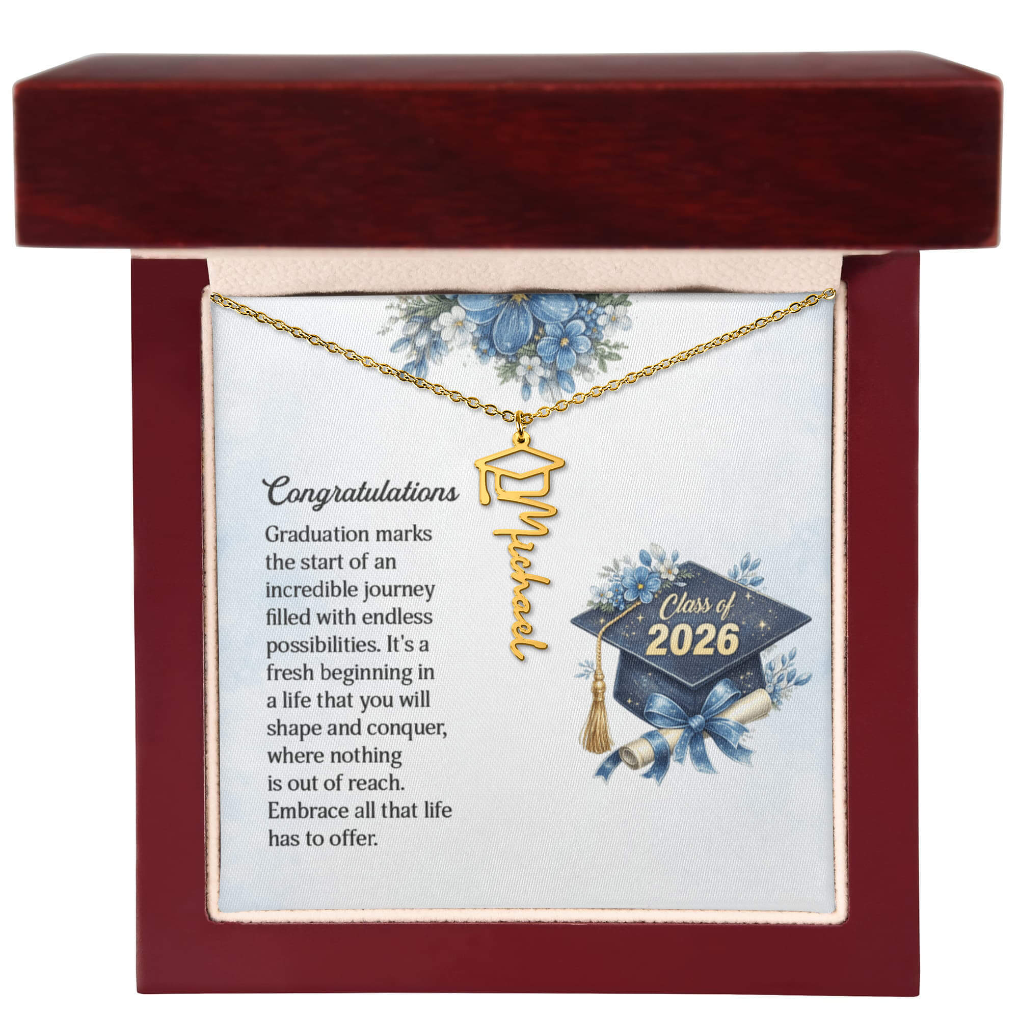 Personalized Graduation 2026 Name Necklace Gift for Her Him displayed in a wooden box with graduation-themed card.