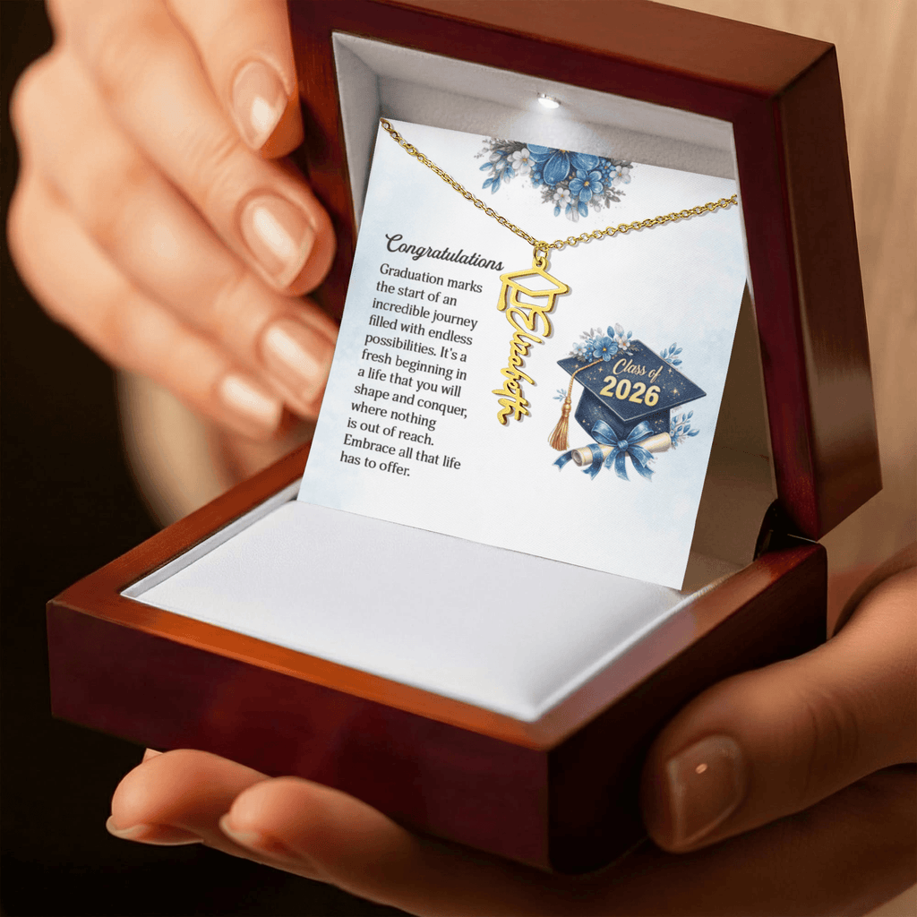 Personalized Graduation 2026 Name Necklace Gift for Her Him displayed in a beautiful gift box.