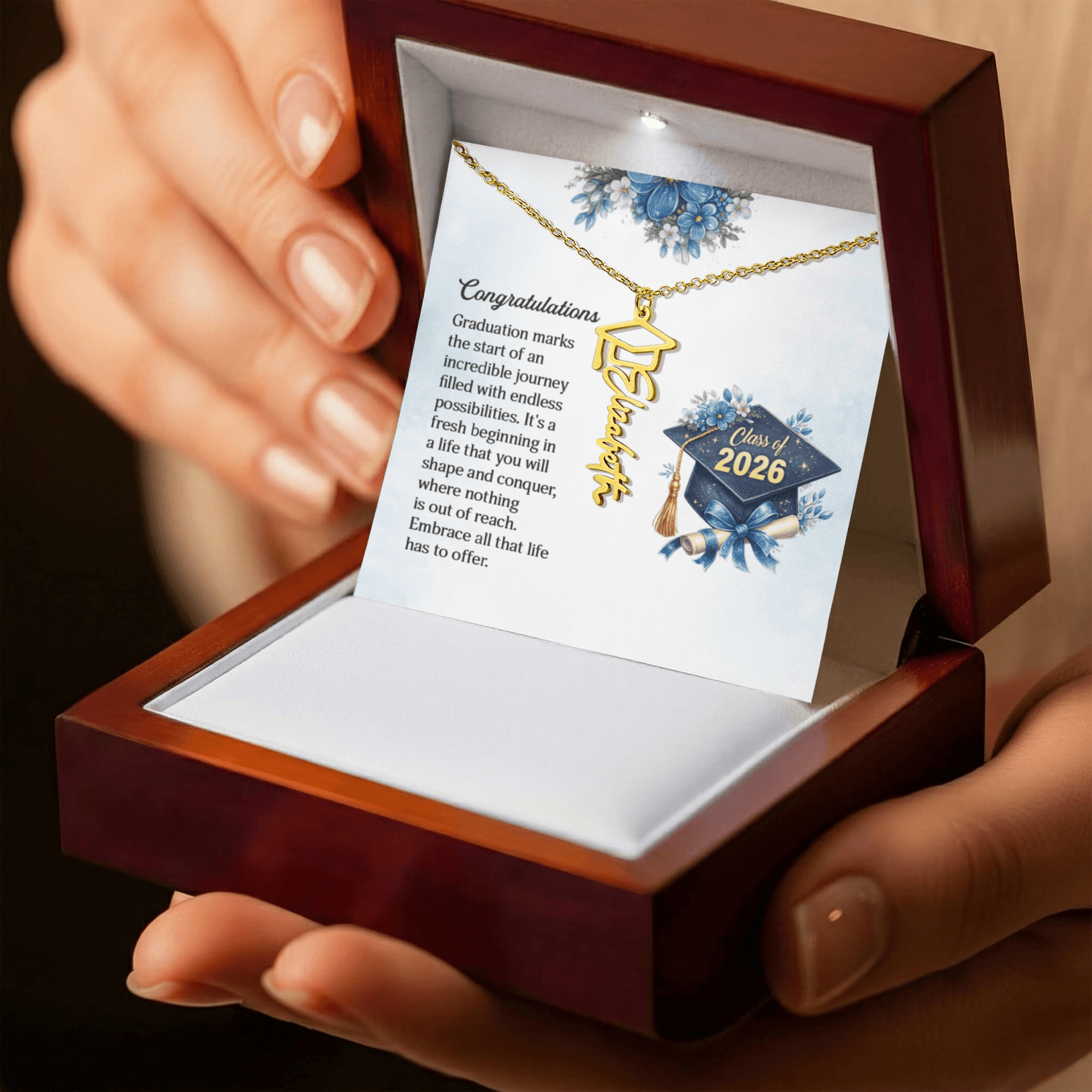 Personalized Graduation 2026 Name Necklace Gift for Her Him displayed in a beautiful gift box.