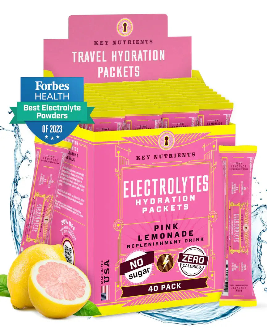 Sugar-Free Electrolyte Recovery Powder for Hydration in pink lemonade flavor, perfect for travel and hydration.