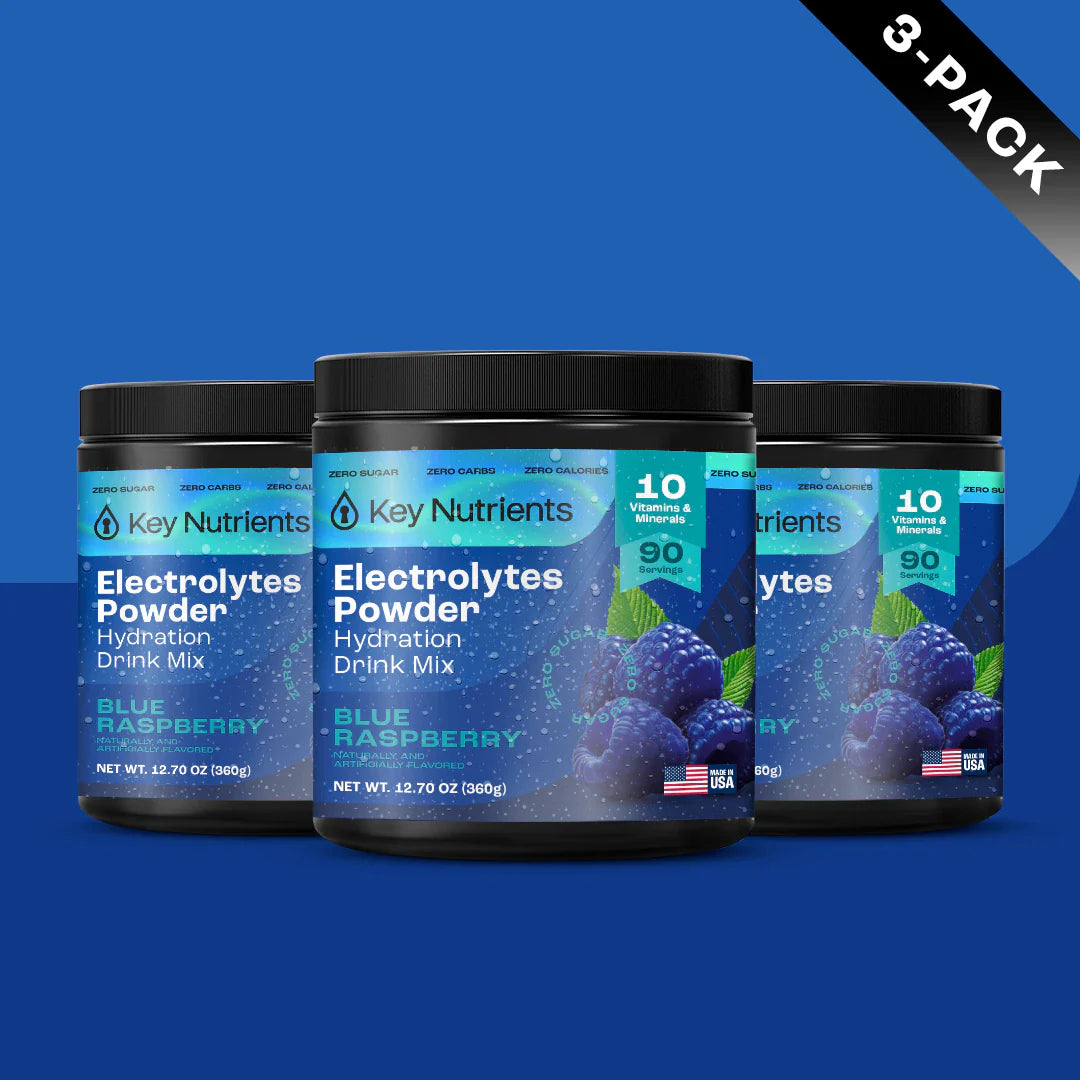 Sugar-Free Electrolyte Recovery Powder for Hydration, 3-pack of Blue Raspberry flavor, by Key Nutrients.