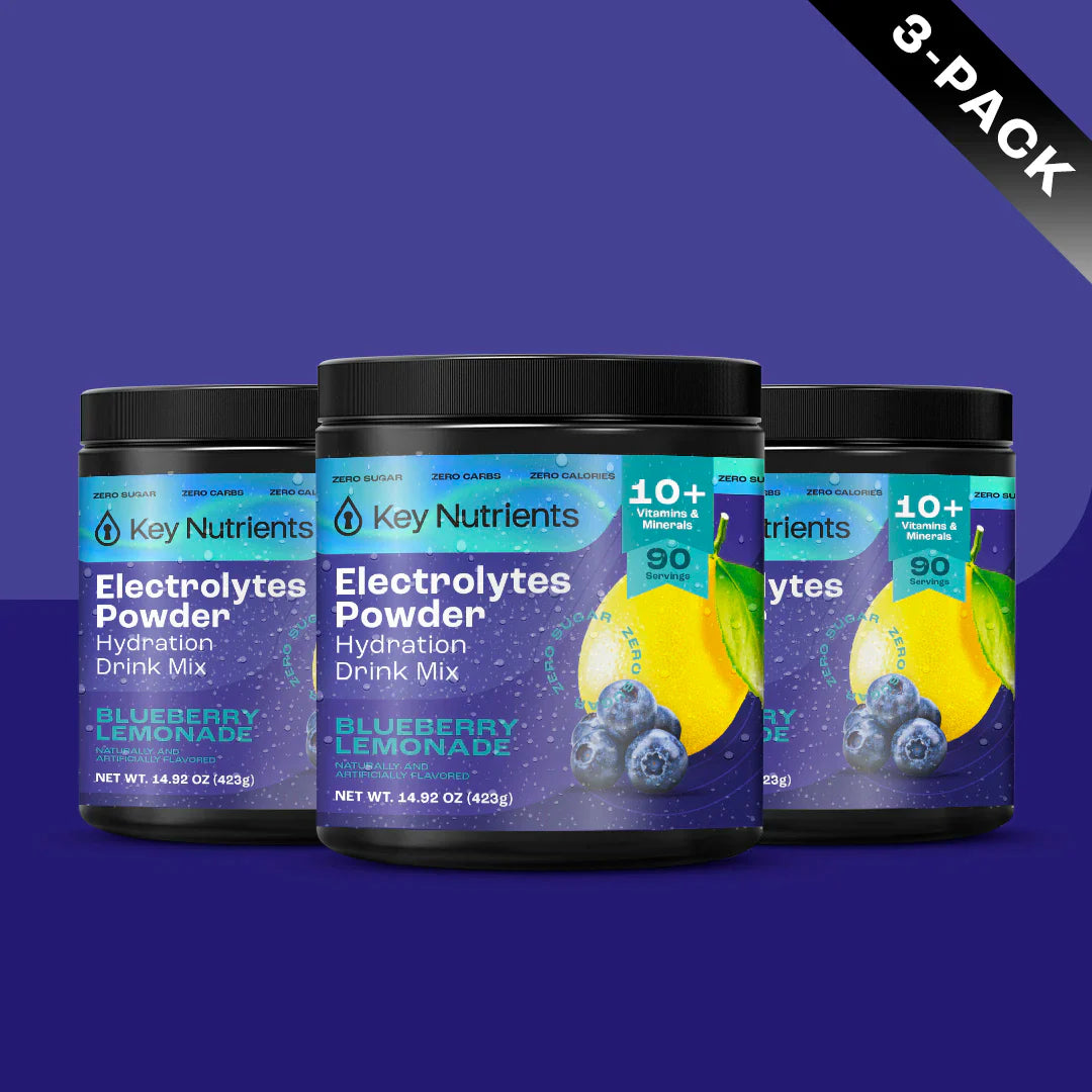 Sugar-Free Electrolyte Recovery Powder for Hydration in 3-pack, Blueberry Lemonade flavor, promotes hydration.