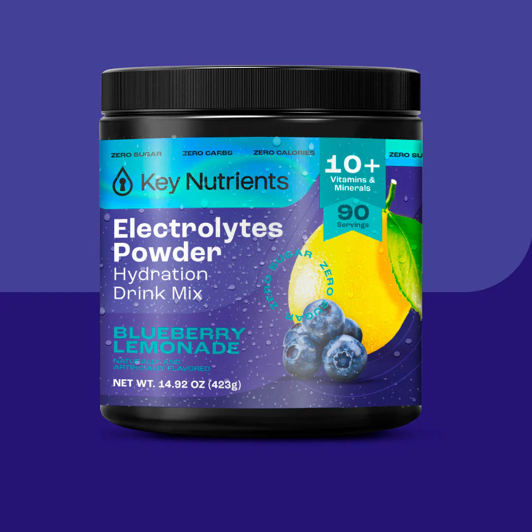 Sugar-Free Electrolyte Recovery Powder for Hydration in a blueberry-lemonade flavor, packed with vitamins and minerals.