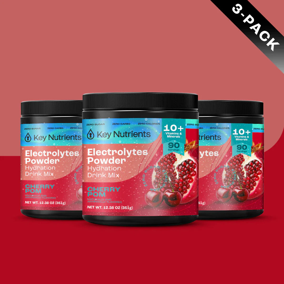 Sugar-Free Electrolyte Recovery Powder for Hydration 3-pack in Cherry Pom flavor for enhanced hydration and electrolyte replenishment.