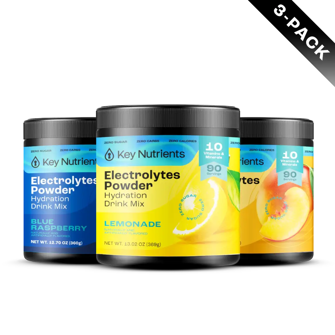 Sugar-Free Electrolyte Recovery Powder for Hydration three-pack featuring Blue Raspberry and Lemonade flavors.