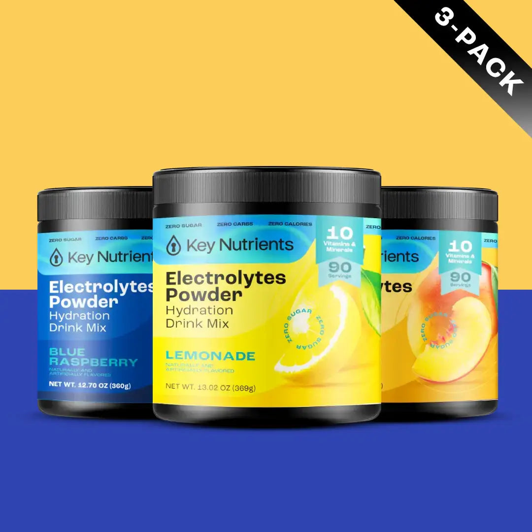 Sugar-Free Electrolyte Recovery Powder for Hydration 3-pack featuring Blue Raspberry and Lemonade flavors.