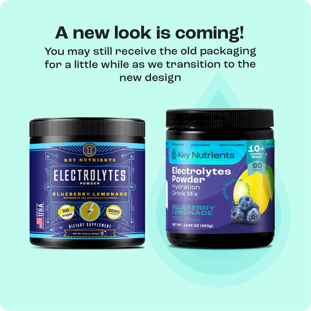 Sugar-Free Electrolyte Recovery Powder for Hydration in blueberry lemonade flavor with old and new packaging.