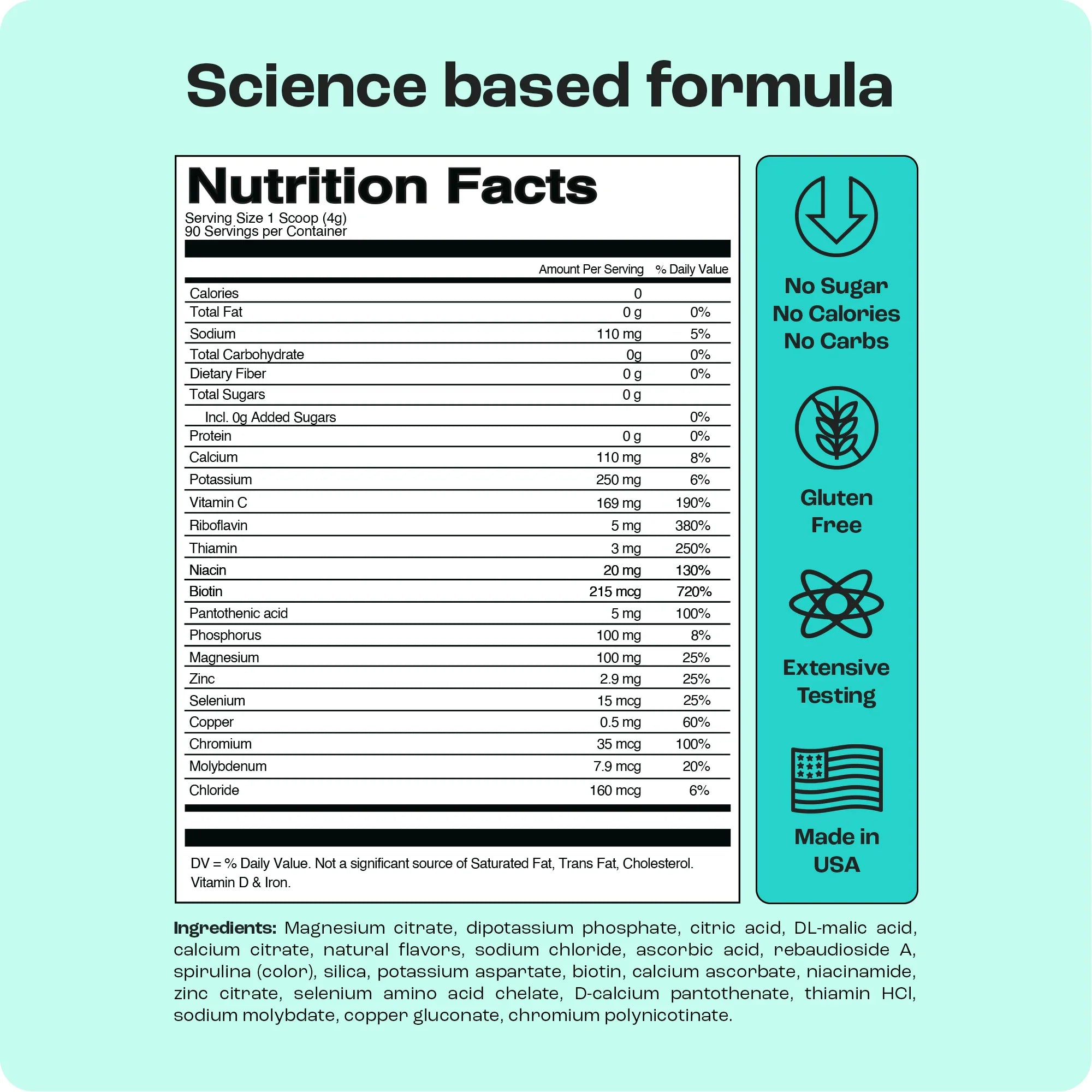 Sugar-Free Electrolyte Recovery Powder for Hydration Nutrition Facts label with ingredients and benefits highlighted.