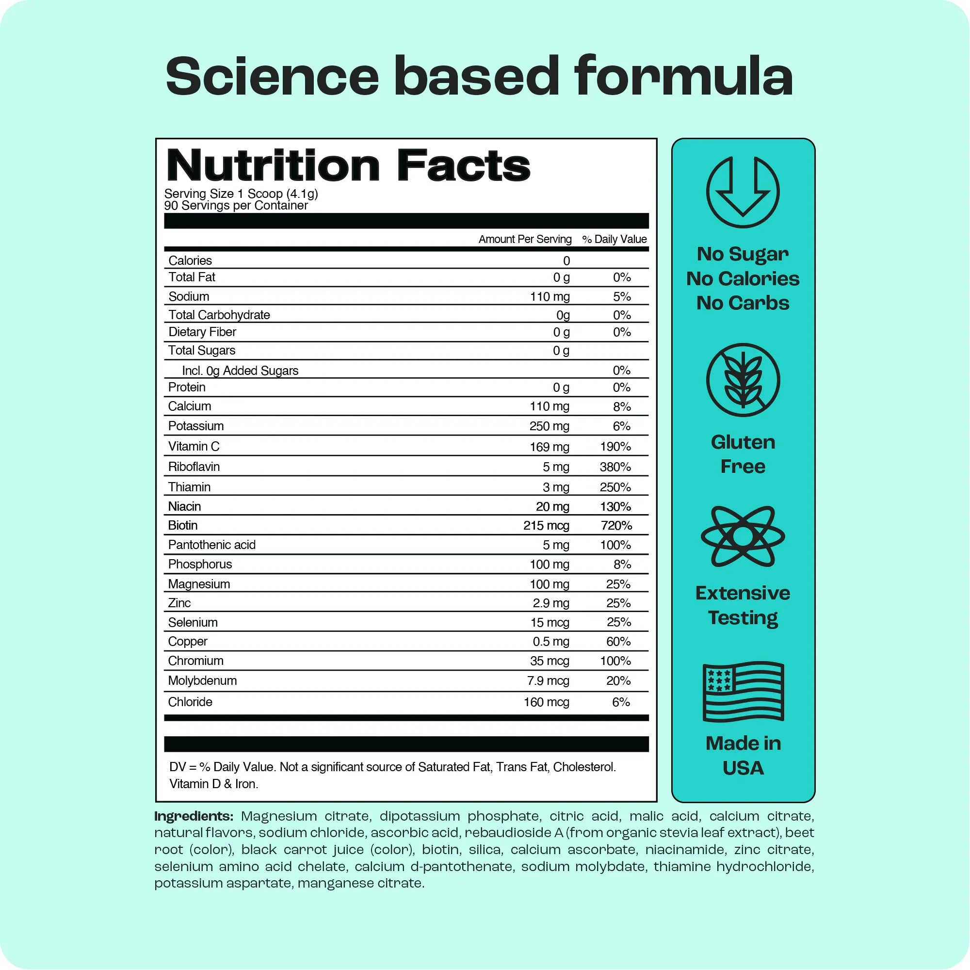 Nutrition facts for Sugar-Free Electrolyte Recovery Powder for Hydration, featuring no sugar, no calories, and no carbs.