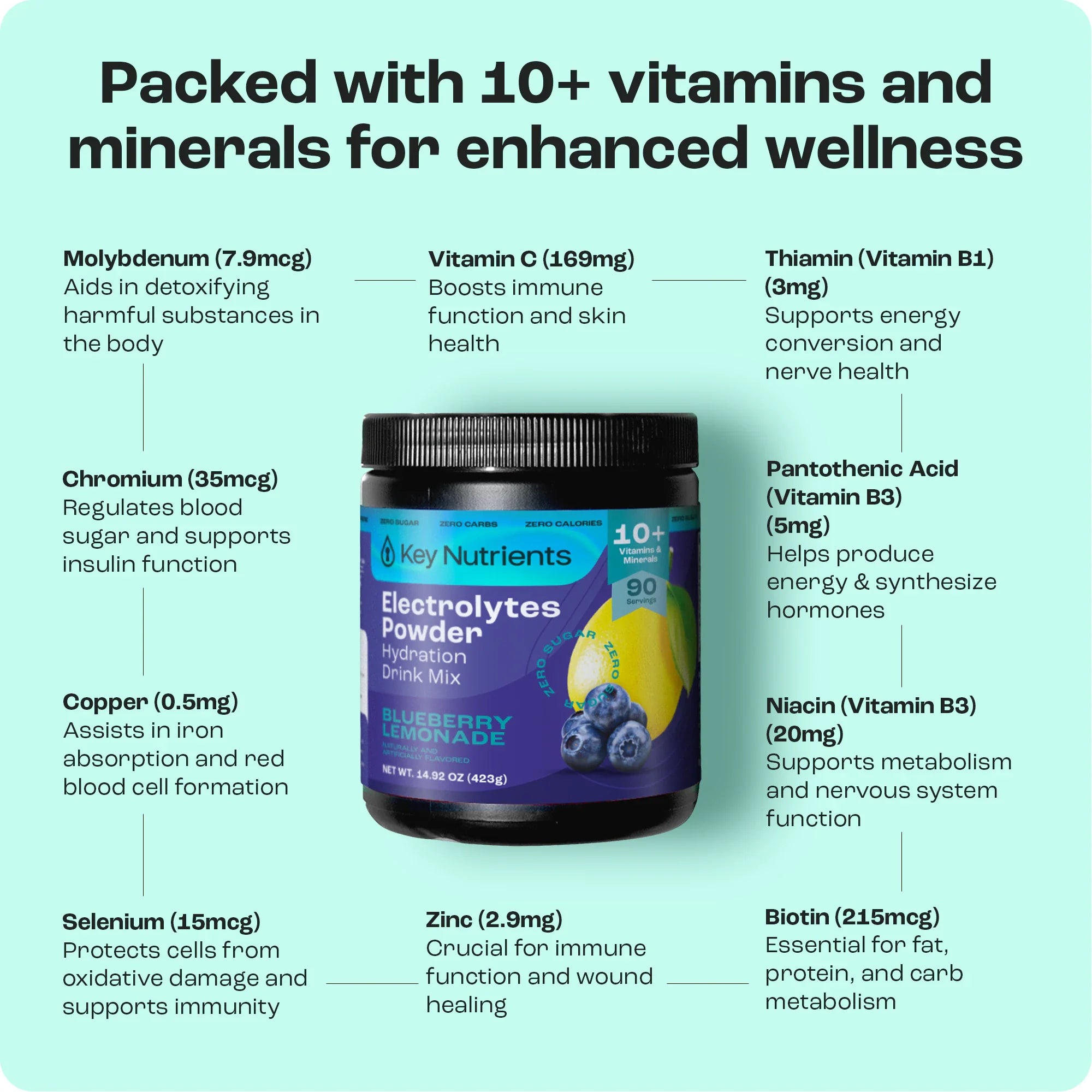 Sugar-Free Electrolyte Recovery Powder for Hydration with 10+ vitamins and minerals for enhanced wellness.