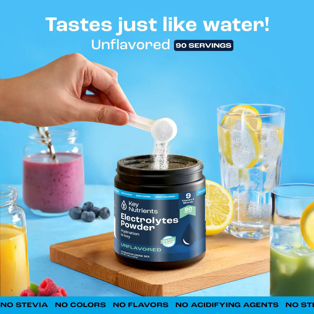 Sugar-Free Electrolyte Recovery Powder for Hydration in a jar with a scoop being added, highlighting hydration benefits.